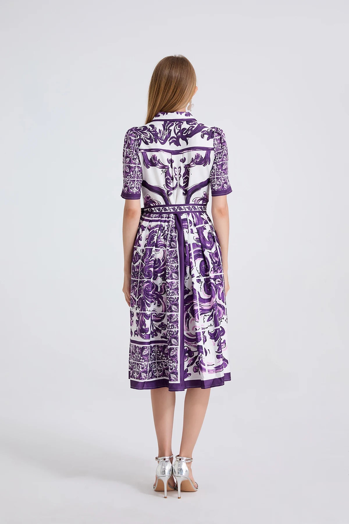 Vestido– Estampa Vintage, Gola Lapela, Cintura com Laço, Elegante, A-Line Slim, Roxo