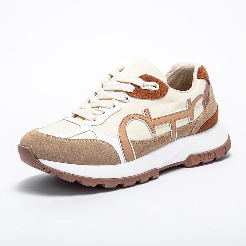 Tênis Feminino Casual  – Estilo Vintage, Color Block, Couro, Confortável e Moderno