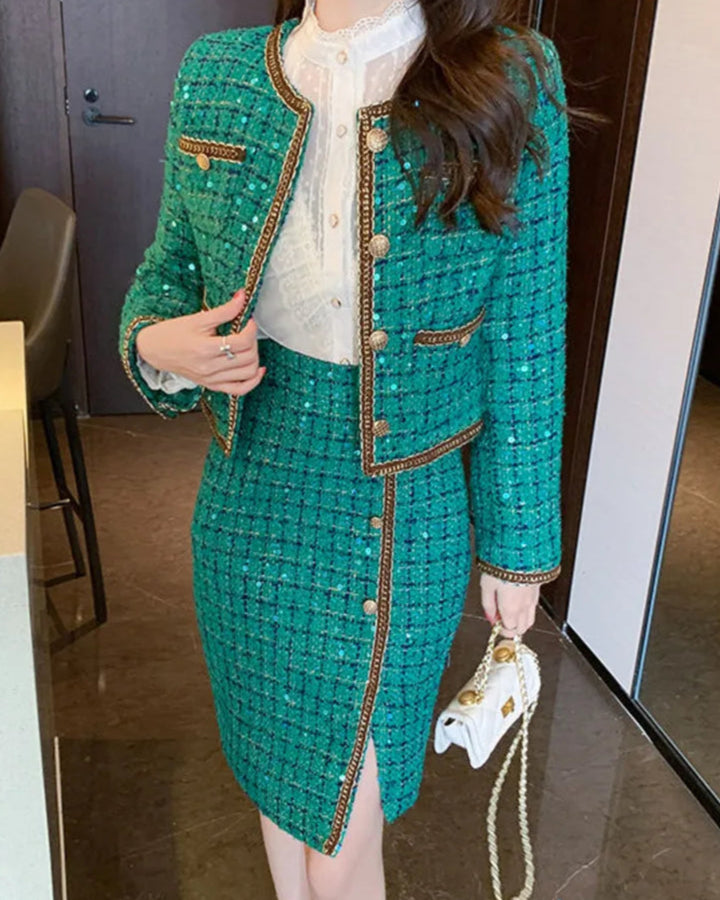Conjunto Tweed com Saia e Blazer – Elegância e Sofisticação