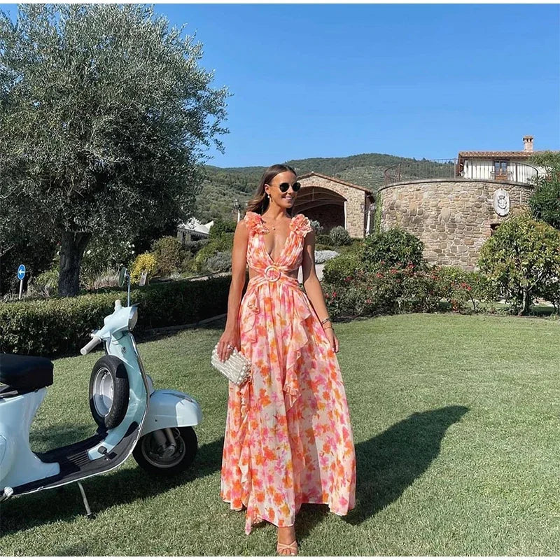 Vestido Longo Feminino Estampado com Babados