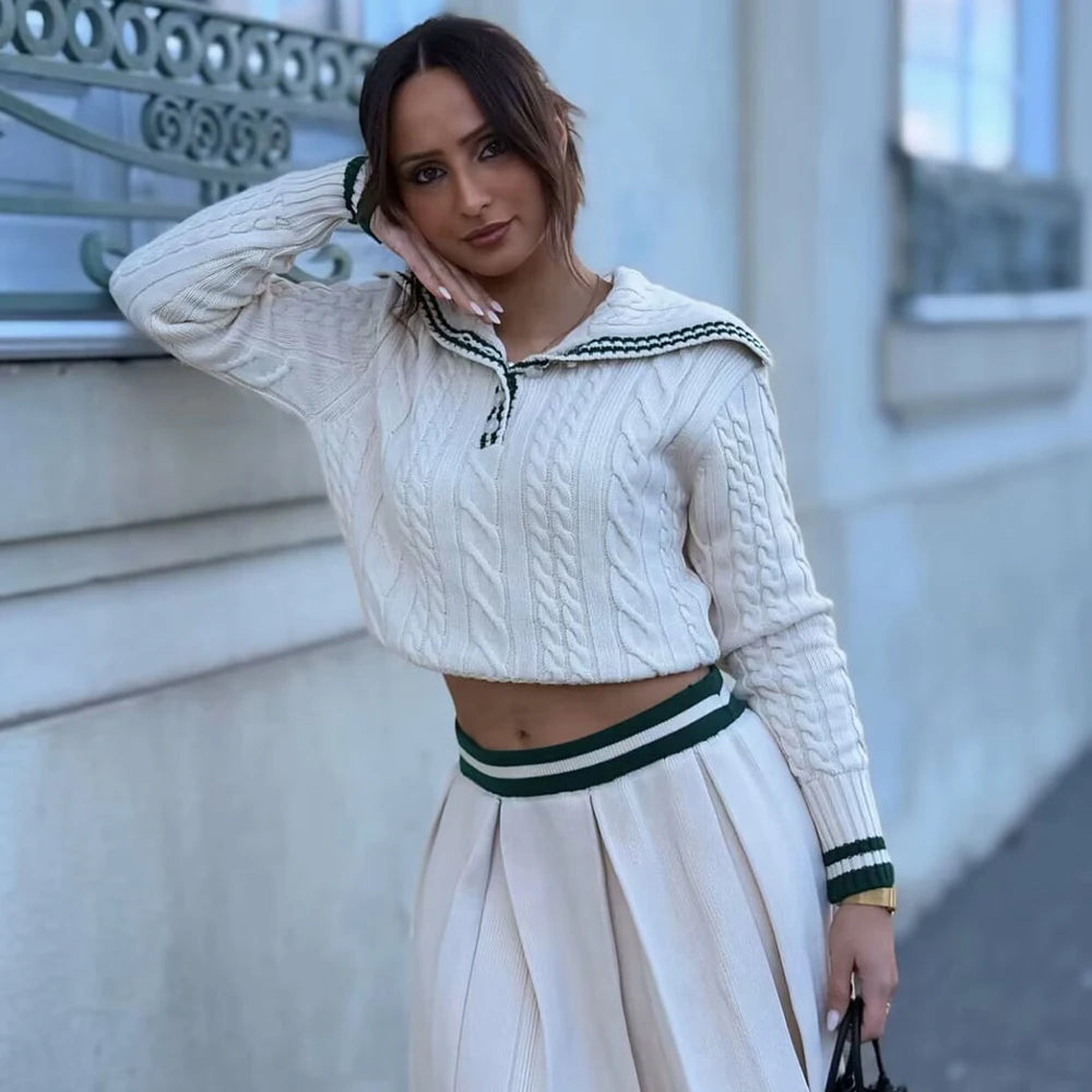 Conjunto Feminino Elegante de Tricô com Gola Lapel e Manga Longa