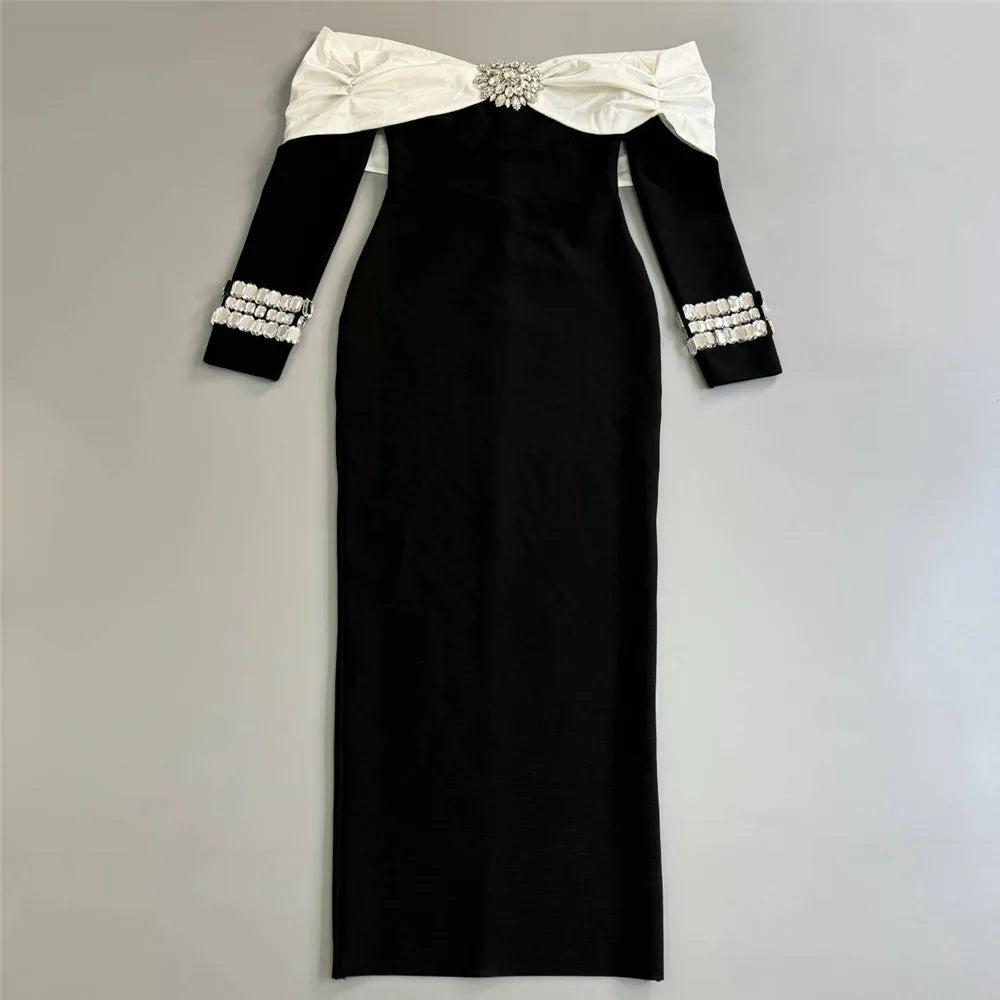 Vestido com Bordado à Mão em Pedrarias – Modelo Ombro a Ombro com Silhueta Ajustada e Elegância Artesanal