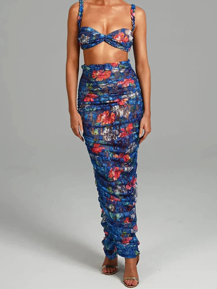 Conjunto Estampado Elegante – Top Sem Alças e Saia Longa com Detalhe Ruched