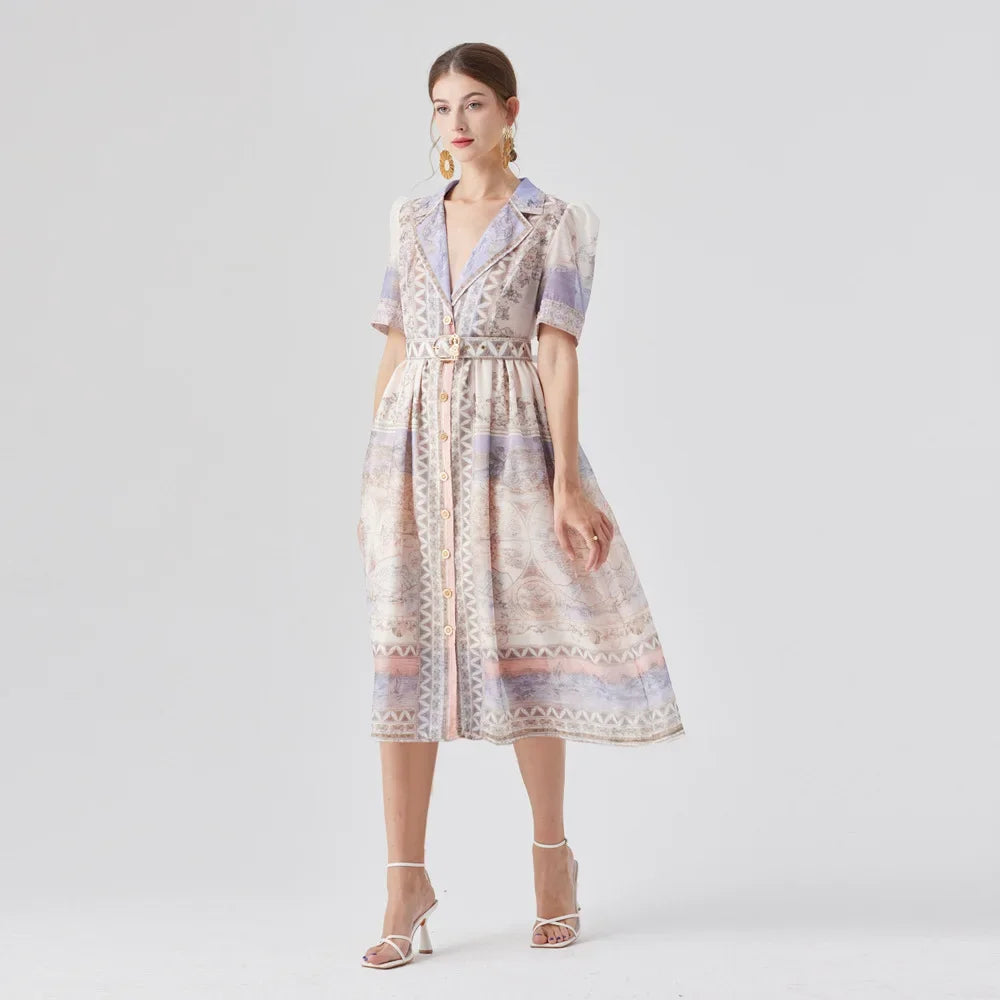 Vestido Estampado, Cintura Marcada e Cinto Elegante