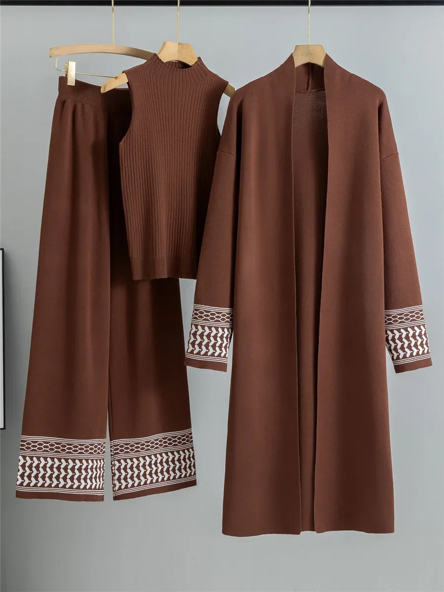 Conjunto Feminino 3 Peças de Tricô – Colete, Cardigan Longo e Calça Pantalona