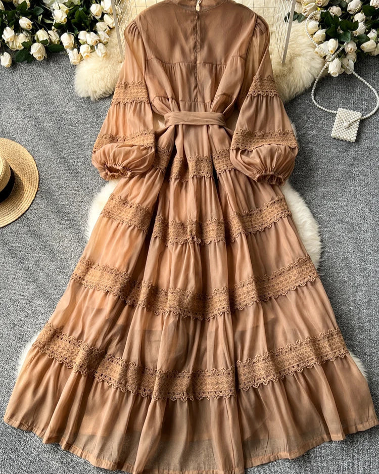 Vestido Renda Longo com Manga Bufante – Renda Delicada e Faixa Ajustável