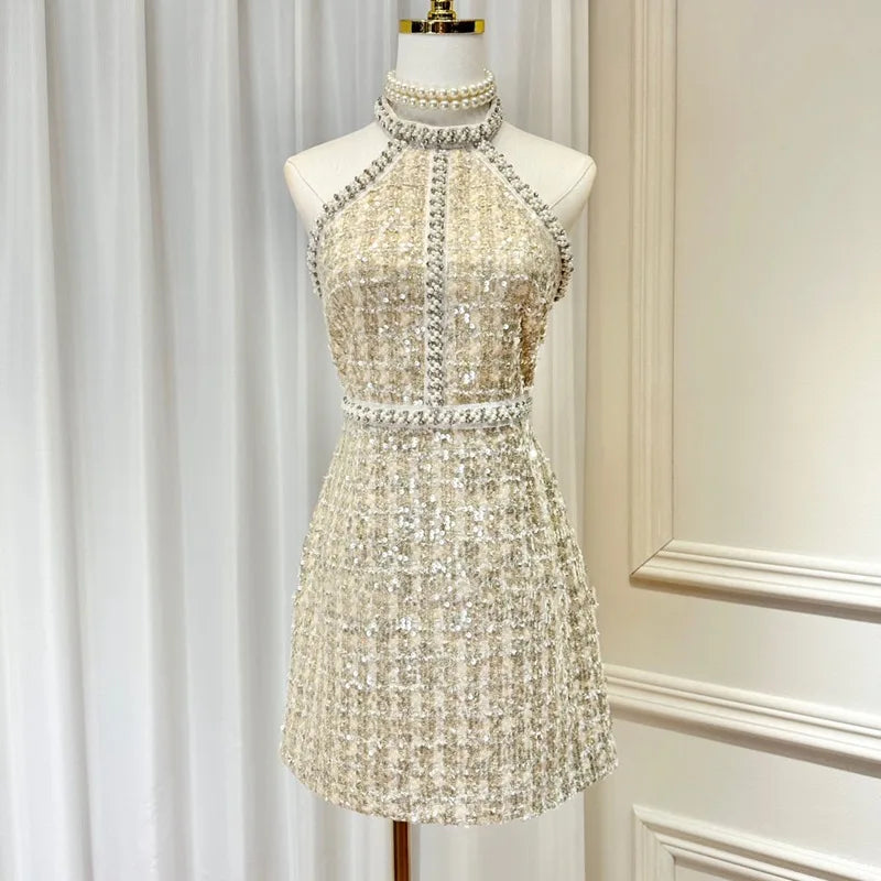 Vestido Mini Sem Mangas de Tweed Pequeno – Vestido de Noite Elegante e Luxuoso com Pérolas e Lantejoulas