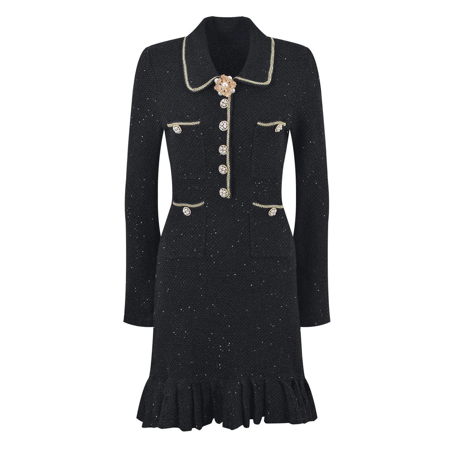 Vestido Tweed com Pérolas e Botões de Cristal – Silhueta Slim e Elegância Atemporal