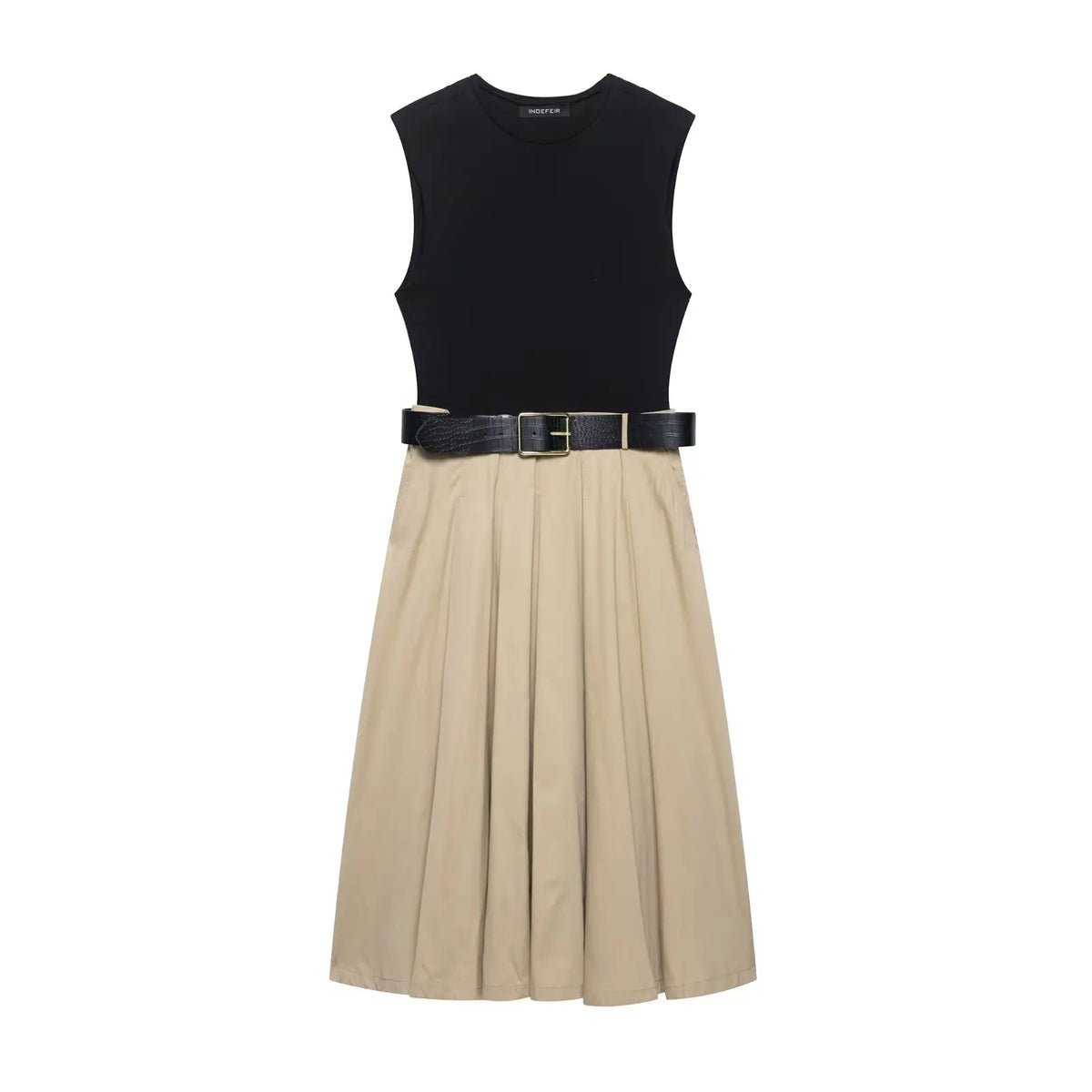Vestido com Cinto + Saia Midi Plissada, Cintura Alta, Decote Redondo