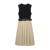 Vestido com Cinto + Saia Midi Plissada, Cintura Alta, Decote Redondo