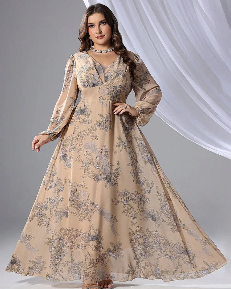 Vestido Plus Size Longo Floral em Tule e Renda – Manga Bufante e Caimento Impecável