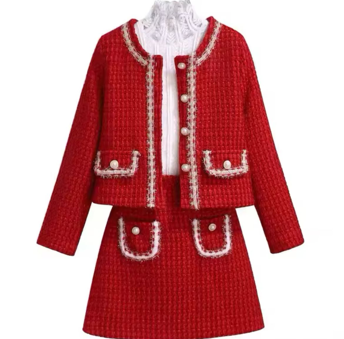 Terno de Tweed  - Conjunto Vermelho Glamouroso com Casaco Recortado e Mini Saia