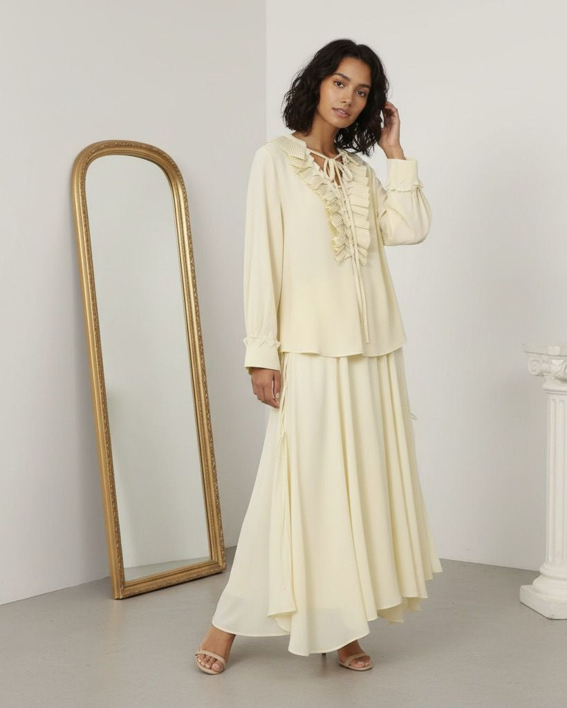 Conjunto Camisa com Babados & Saia Midi Casual Primavera/Verão