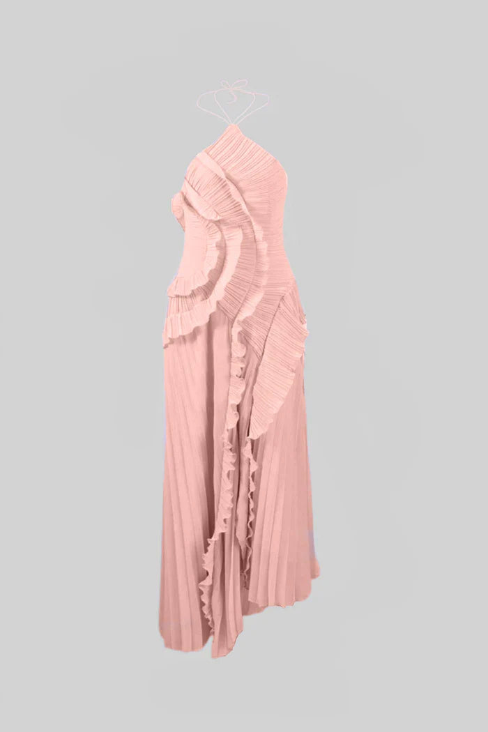 Vestido Sexy Assimétrico e Decote nas Costas – Sem Mangas, Com Babados, Cintura Alta e Modelagem Slim