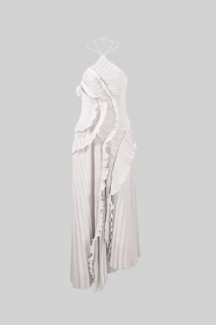 Vestido Sexy Assimétrico e Decote nas Costas – Sem Mangas, Com Babados, Cintura Alta e Modelagem Slim