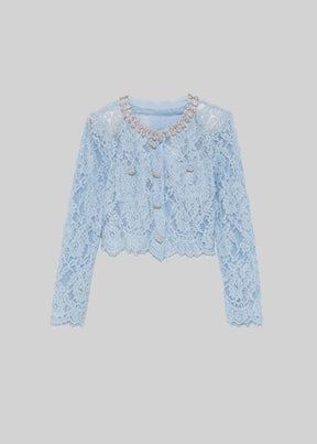 Conjunto Renda com Design Elegante – Blusa Bordada à Mão e Saia em Linha A
