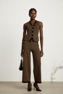 Conjunto Colete em Jacquard com Botões de Metal e Calça Pantalona