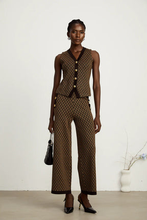 Conjunto Colete em Jacquard com Botões de Metal e Calça Pantalona