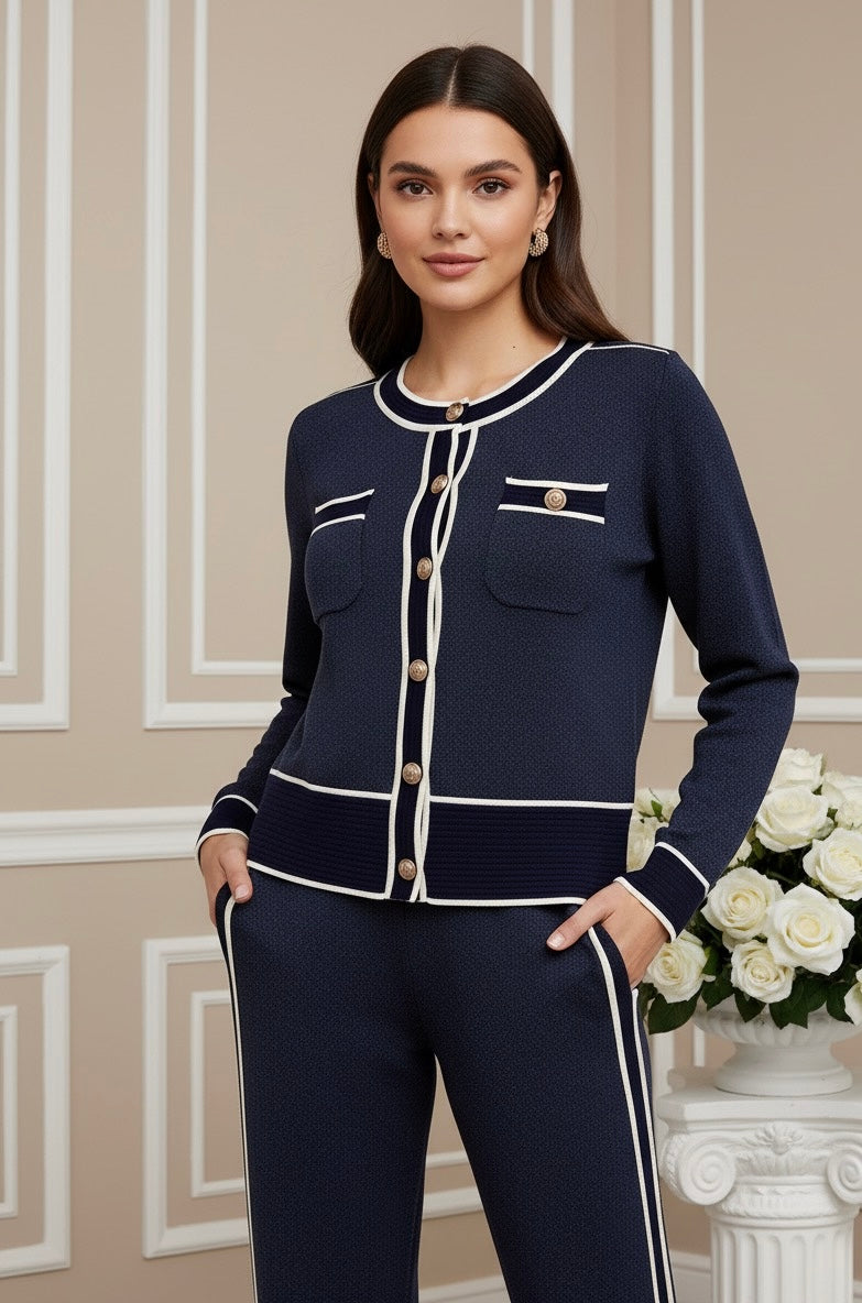 Conjunto Feminino Outono/Inverno Listrado – Cardigan de Tricô + Calça Pantalona