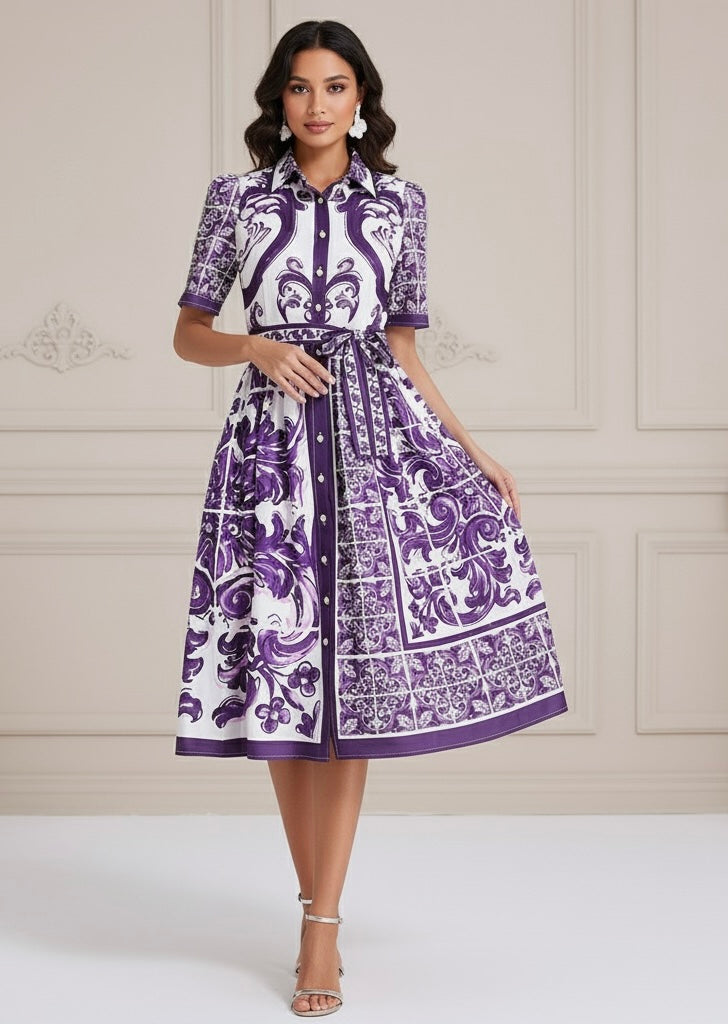 Vestido– Estampa Vintage,, Cintura com Laço, estampa DG