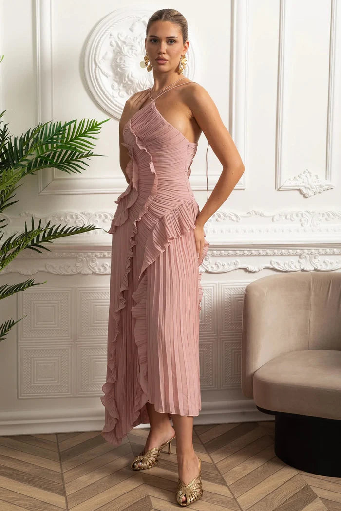 Vestido Sexy Assimétrico e Decote nas Costas – Sem Mangas, Com Babados, Cintura Alta e Modelagem Slim
