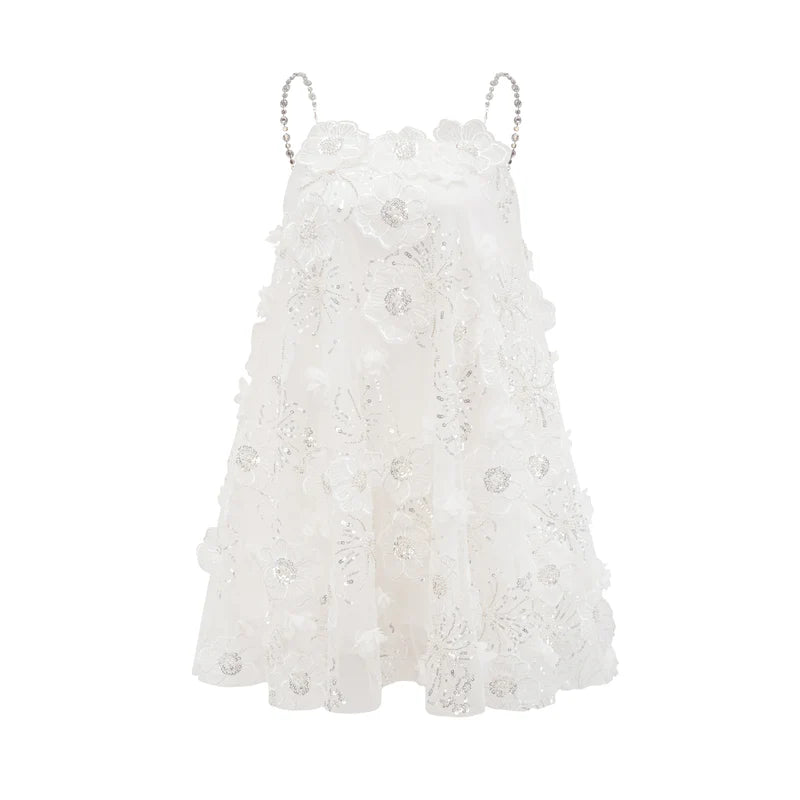 Vestido Bordado Floral, Cristais Manuais e Alças Delicadas