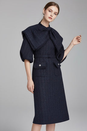 Vestido Tweed – Laço com Tassel, Manga Bufante, Cintura Alta, Slim Vintage Elegante