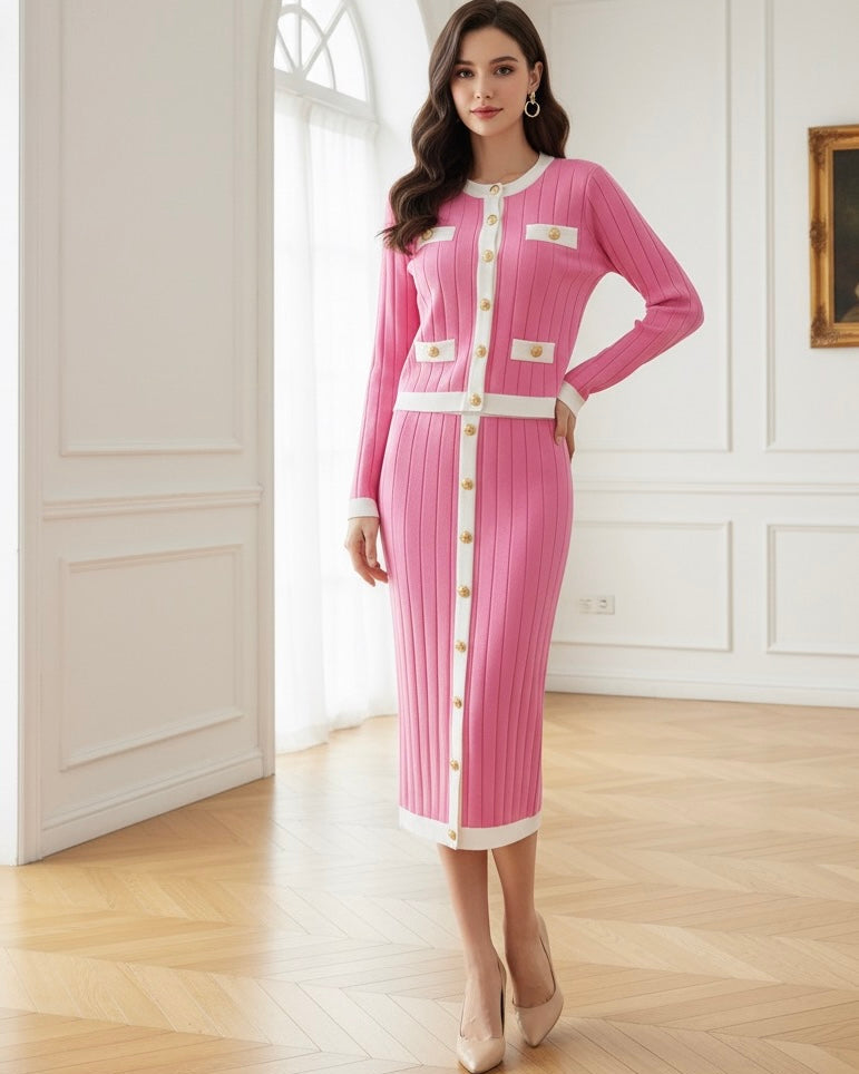 Conjunto Tricô Saia e Cardigan