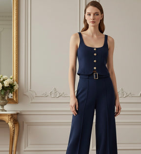 Conjunto Alfaiataria Linéa Classique - Top Curto com Botões & Calça Flare de Cintura Média