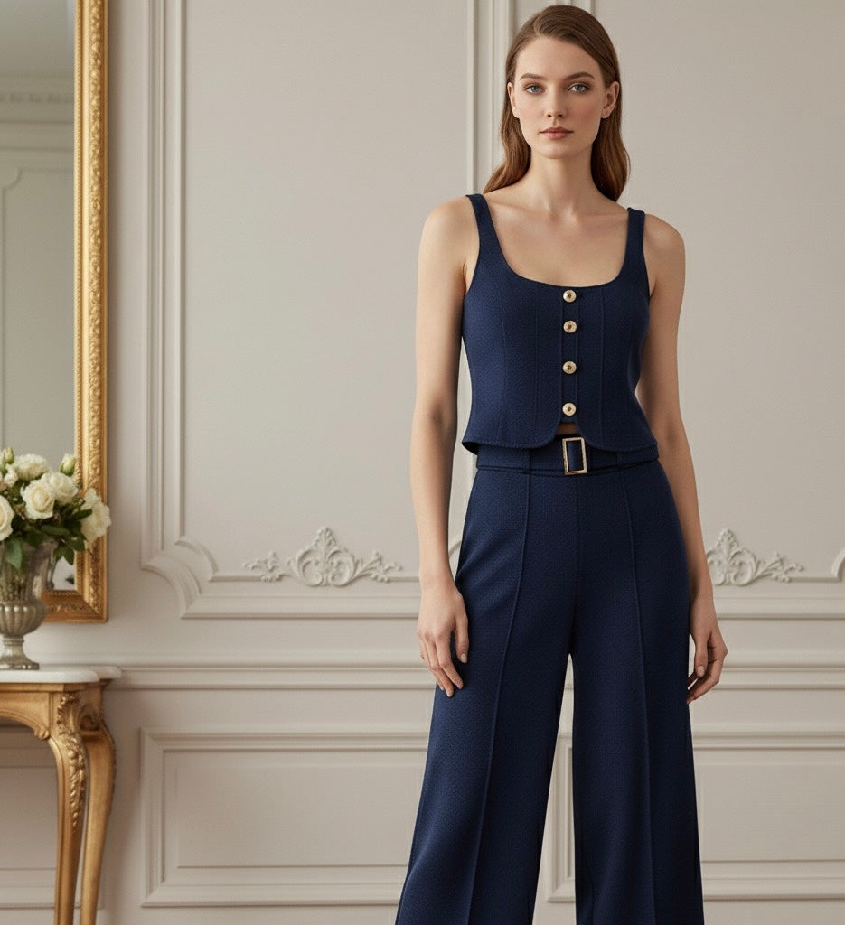 Conjunto Alfaiataria Linéa Classique - Top Curto com Botões & Calça Flare de Cintura Média