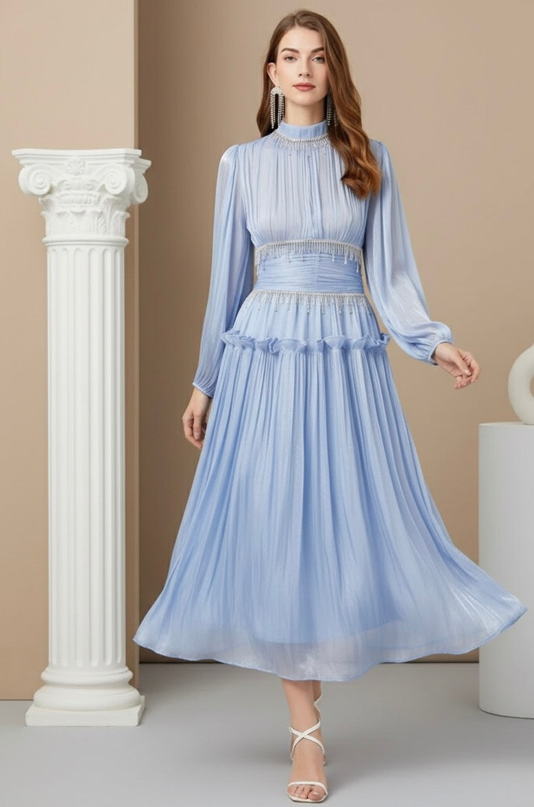 Vestido de Verão SEDA – Luxo Francês, Franjas, Pregas e cristais