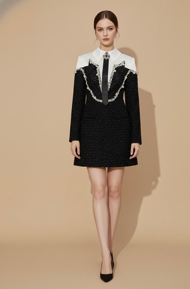 Vestido A-Line com Paetês e Bordado – Manga Longa, Gola Lapela e Design Bicolor