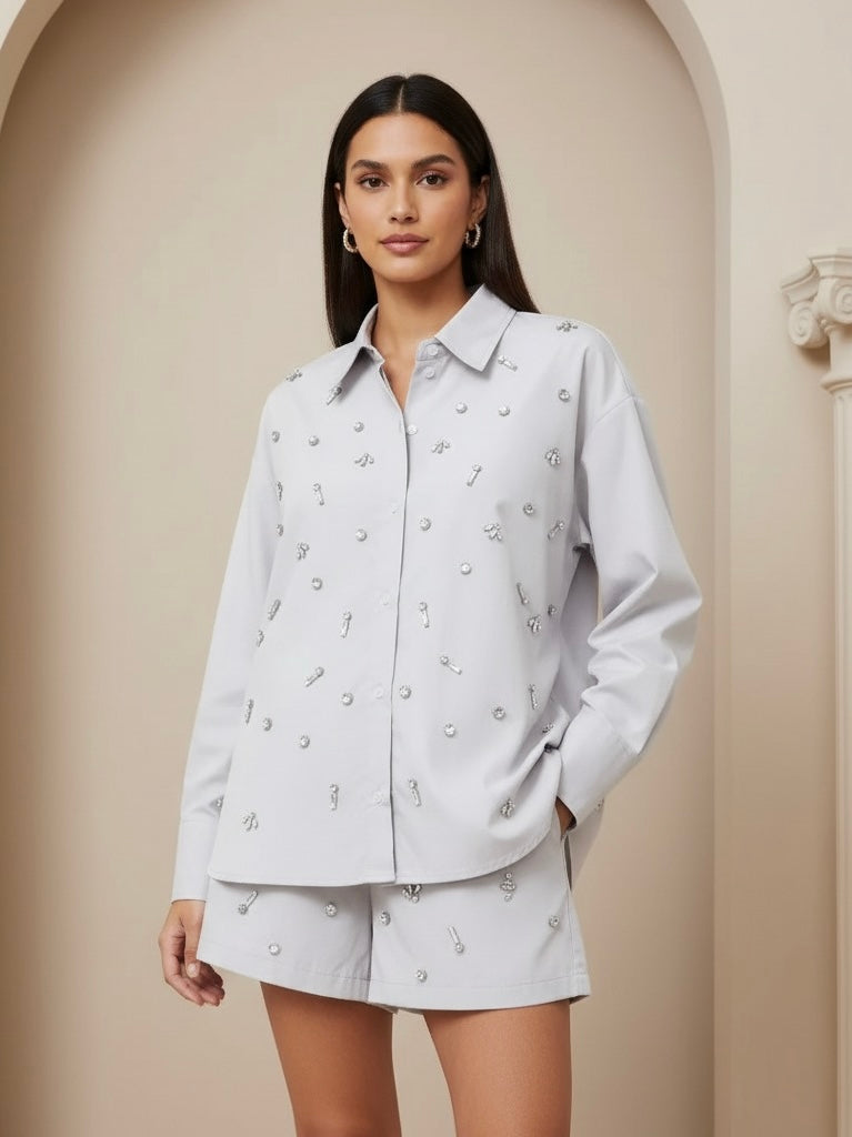 Conjunto Bordado com cristais - shorts e camisa