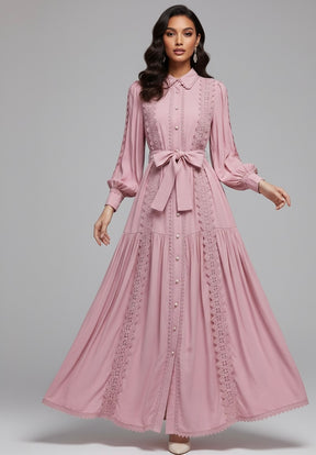 Vestido Longo com Renda e Botões Frontais – Modelagem A-line e Cintura Ajustável
