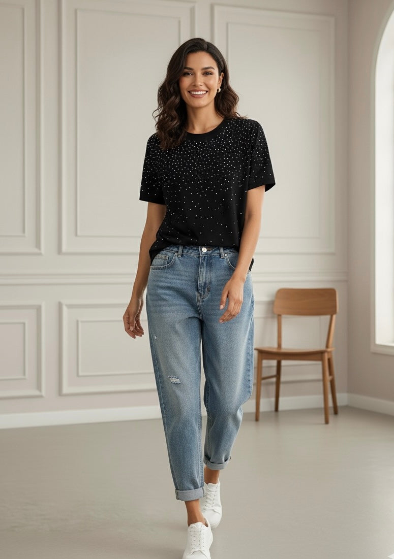 Camiseta com Apliques de Strass – Estilo Casual
