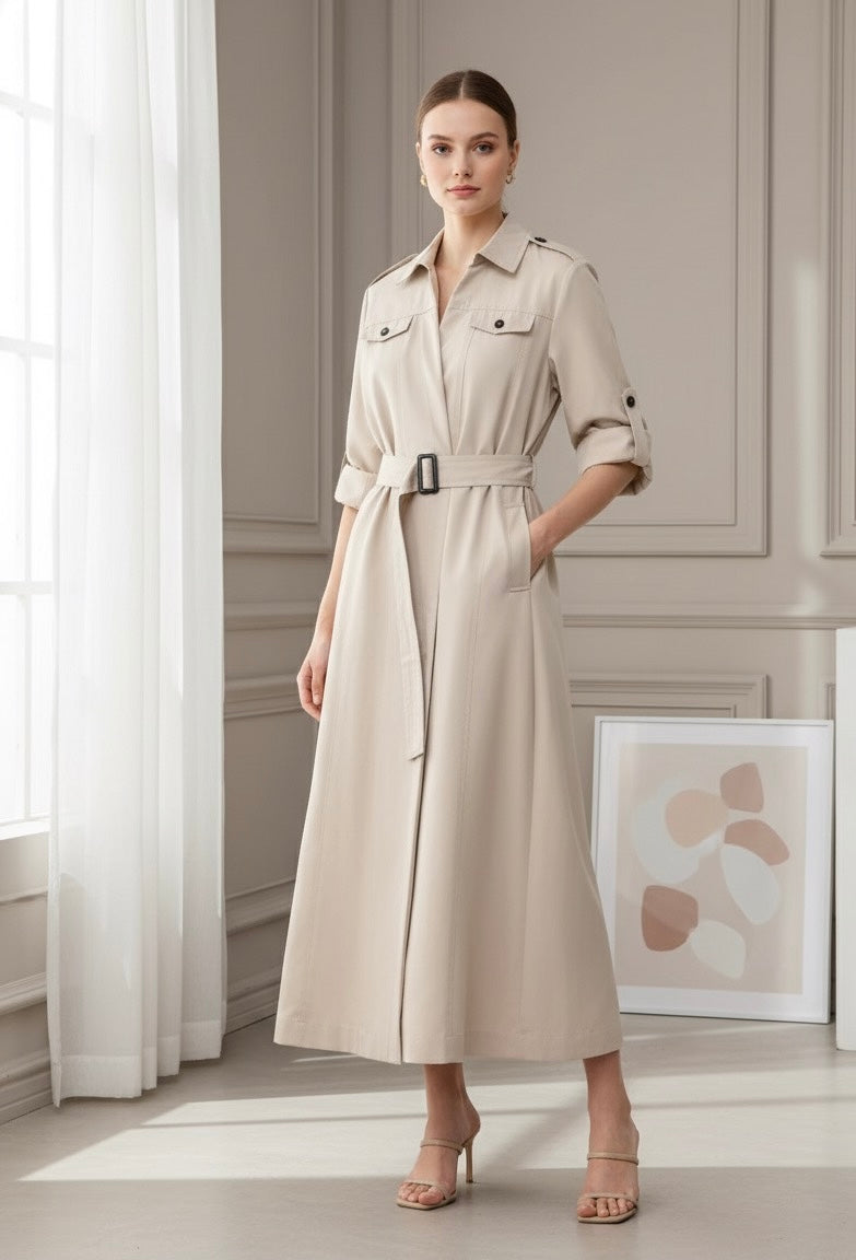 Vestido Chemise Feminino Estilo  – Manga Longa, Gola Slim