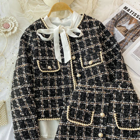 ConjuntoTweed Xadrez – Blazer Manga Longa + Saia A-Line Assimétrica