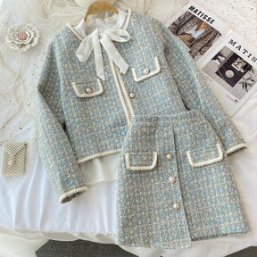 ConjuntoTweed Xadrez – Blazer Manga Longa + Saia A-Line Assimétrica