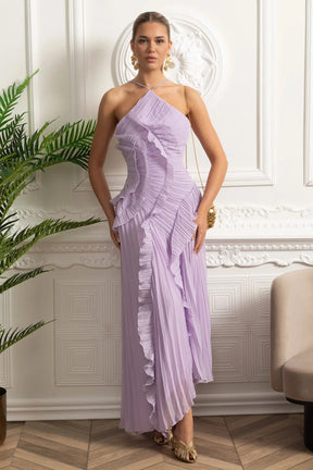 Vestido Sexy Assimétrico e Decote nas Costas – Sem Mangas, Com Babados, Cintura Alta e Modelagem Slim
