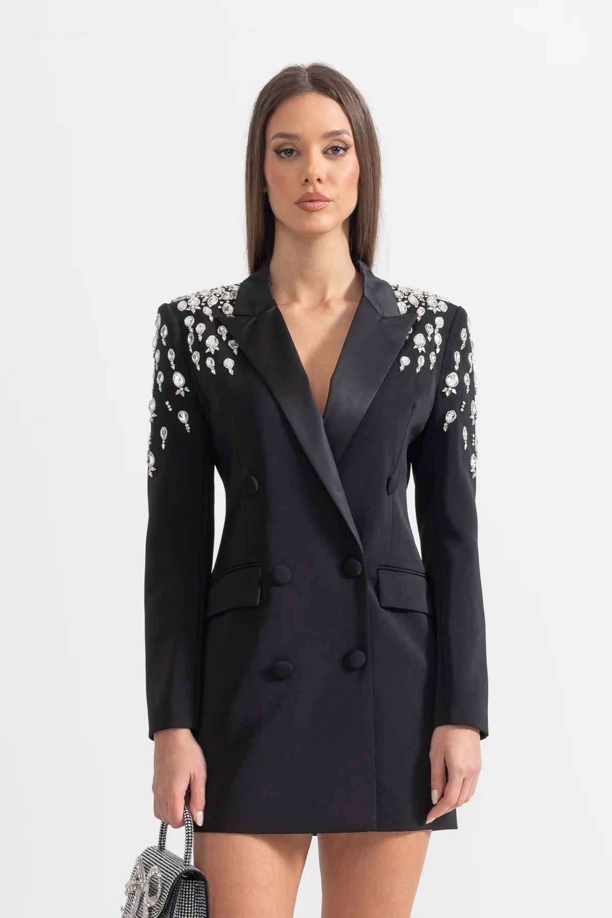 Blazer Longo com Botões Duplos e Aplique de Pedrarias – Bordado à Mão