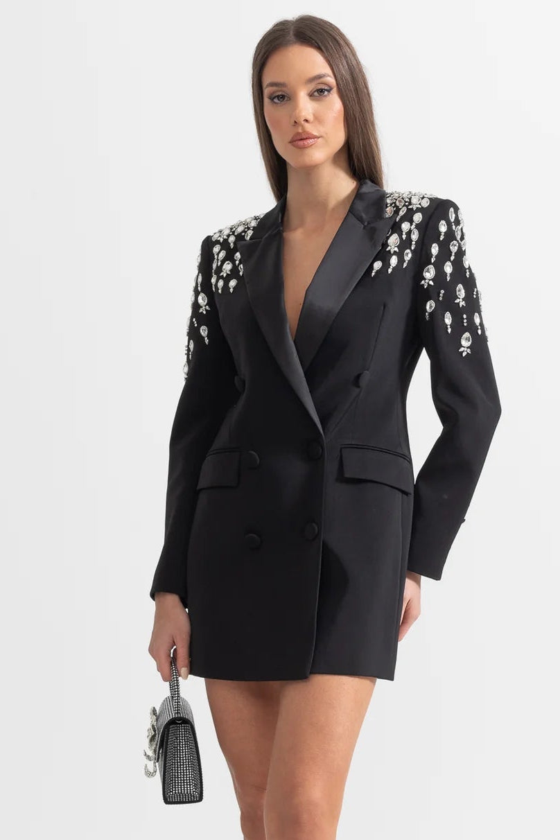 Blazer Longo com Botões Duplos e Aplique de Pedrarias – Bordado à Mão