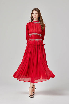 Vestido de Verão SEDA – Luxo Francês, Franjas, Pregas e cristais