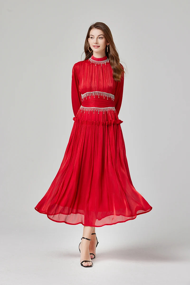 Vestido de Verão SEDA – Luxo Francês, Franjas, Pregas e cristais