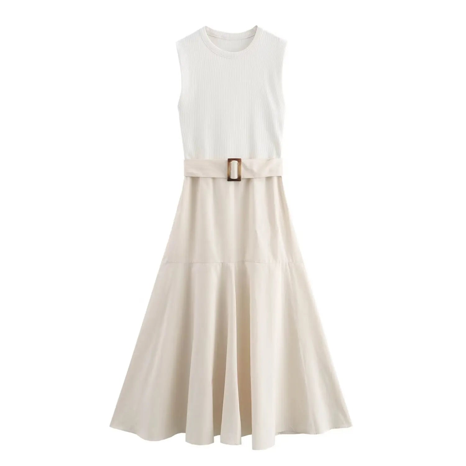 Vestido Longo Estilo Francês  com Cinto Gola Redonda