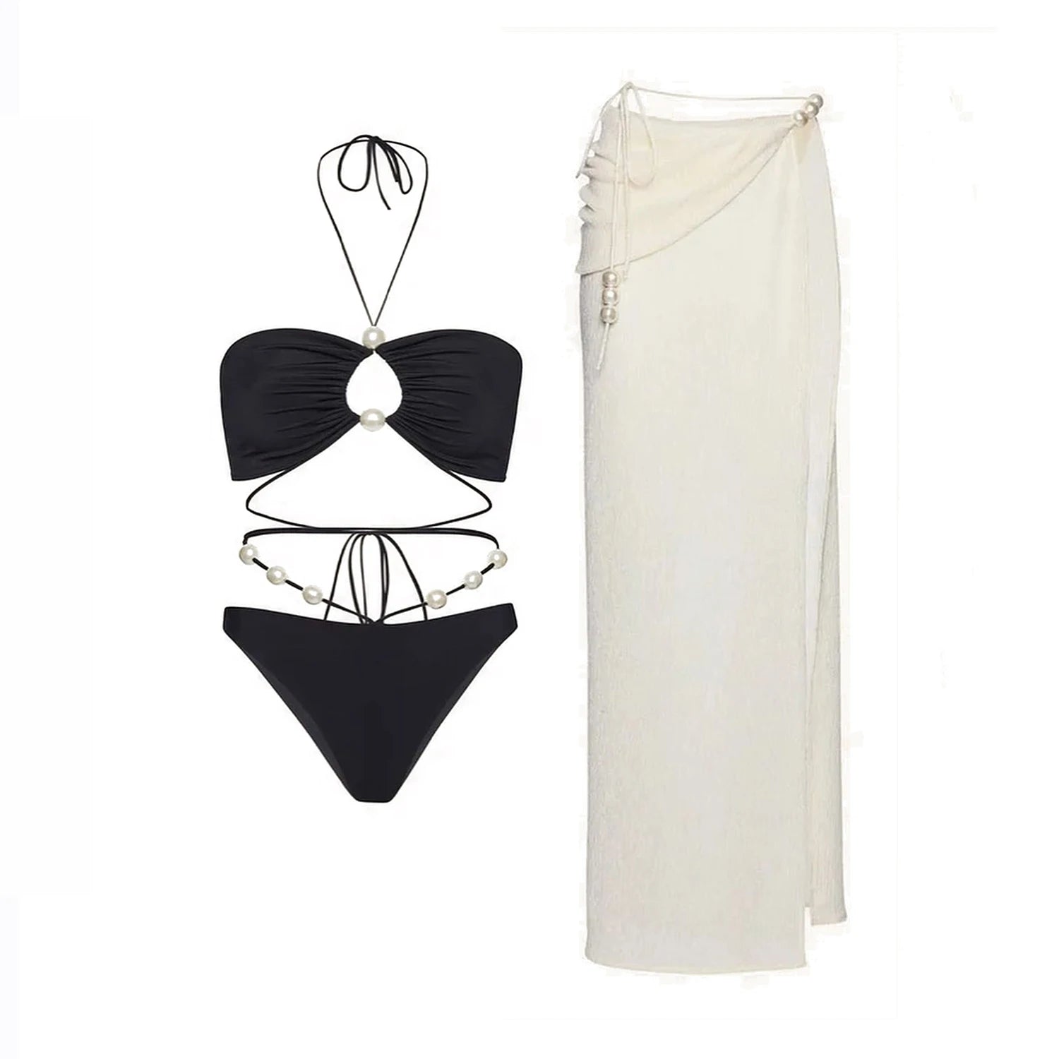 Conjunto Luxuoso com Pérolas – Biquíni Halter 3 Peças com Saída Ombro a Ombro