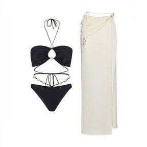 Conjunto Luxuoso com Pérolas – Biquíni Halter 3 Peças com Saída Ombro a Ombro