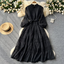 Vestido Renda Longo com Manga Bufante – Renda Delicada e Faixa Ajustável