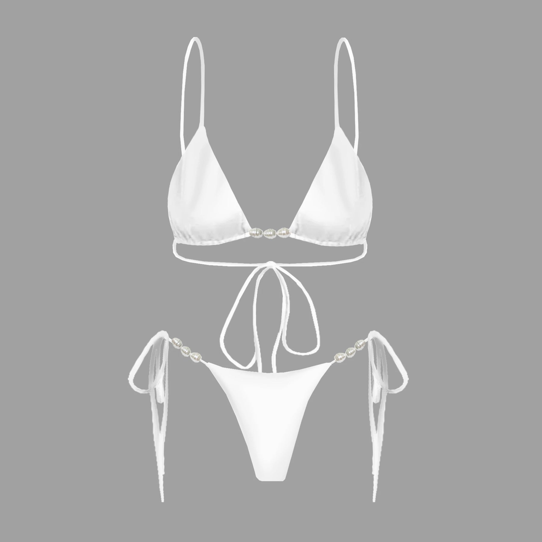 Conjunto Luxuoso com Pérolas – Biquíni Halter 3 Peças com Saída Ombro a Ombro