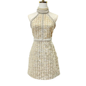 Vestido Mini Sem Mangas de Tweed Pequeno – Vestido de Noite Elegante e Luxuoso com Pérolas e Lantejoulas