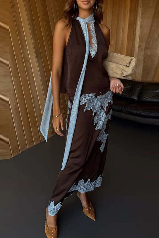 Conjunto Luxo com Renda Contrastada e Saia Longa – Elegância Atemporal